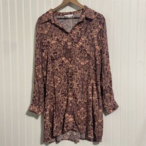 Olivaceous Floral Tunic Shirt Dress‎ Knee Length Multicolor M Casual